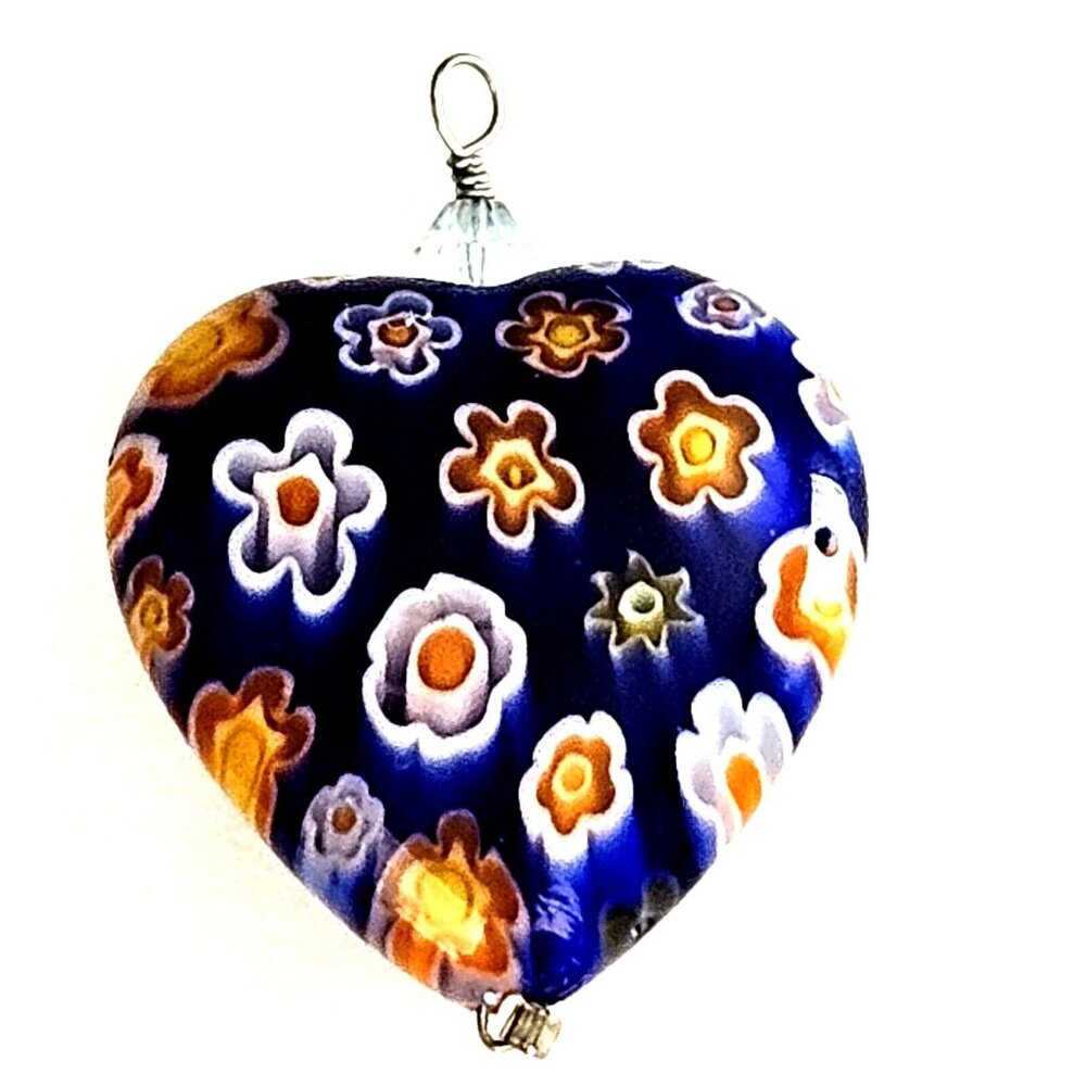 Murano Blue Glass Millifori Floral Heart Necklace Pendant